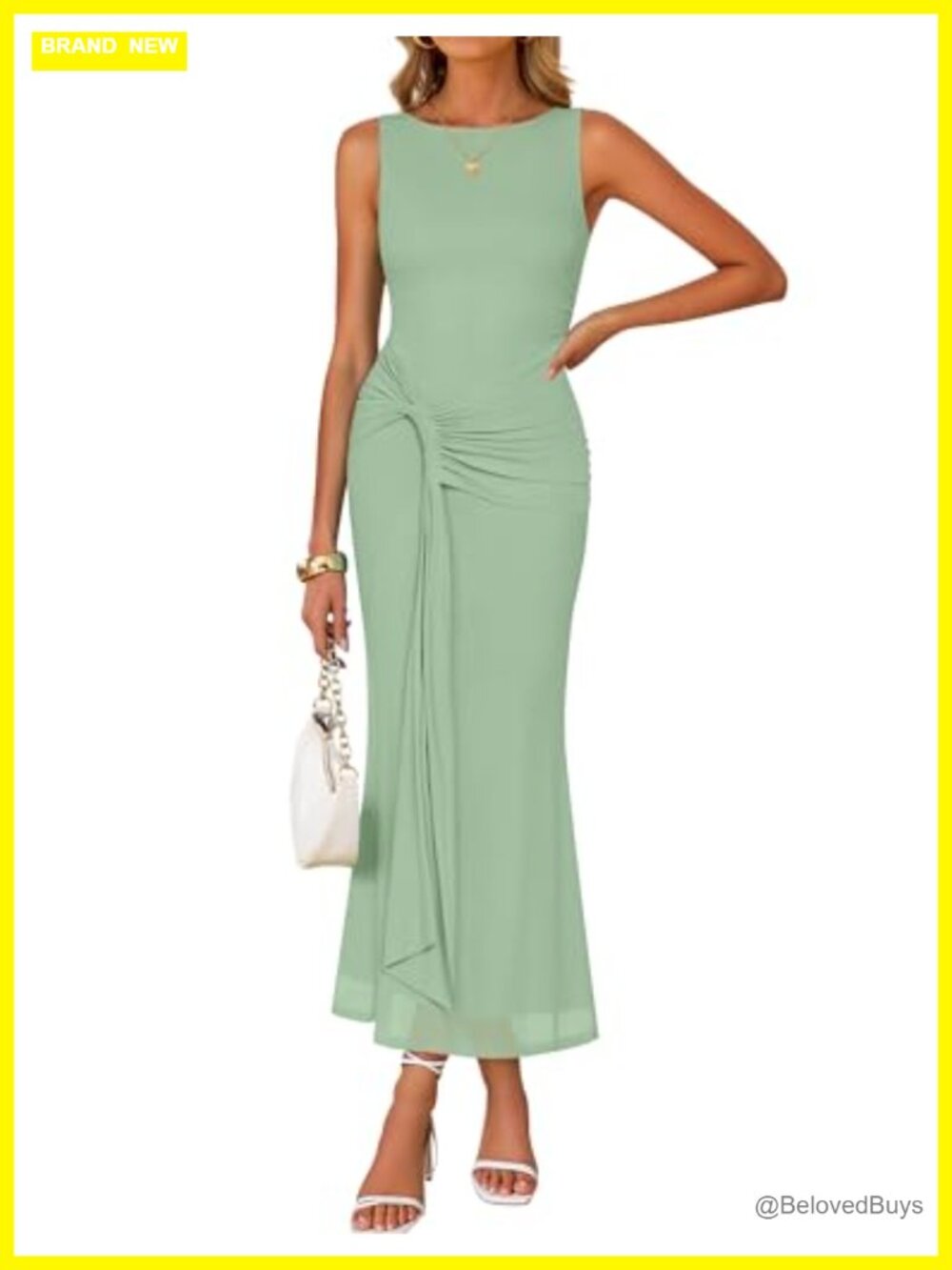 Sleeveless Bodycon Mesh Maxi Dress Ruched Adjustable Belt Cocktail Party